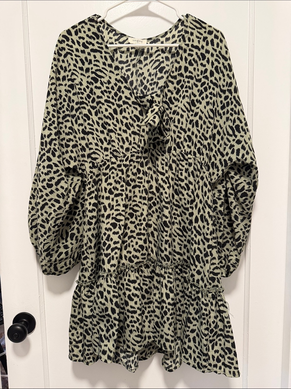 Umgee Black Leopard Print on Sage Green Tiered Dress